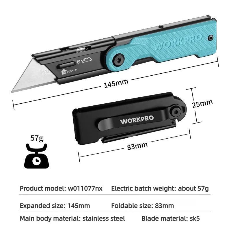 Workpro Folding Utility Knife Stainless Steel Quick Realse Pocket Knife with Belt Clip Sharp 10 blades Purpose DIY Cutting Tools