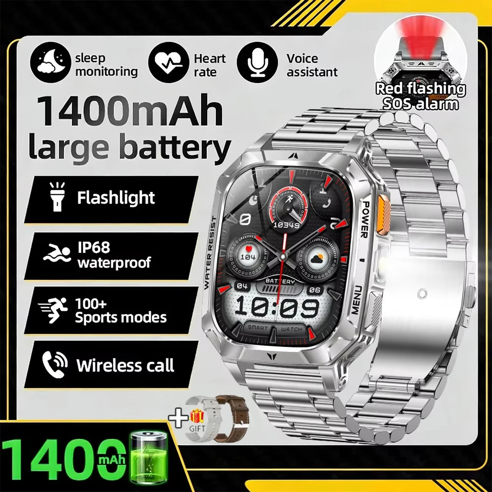 Silver metal smartwatch with round face, red accents, and steel link bracelet band