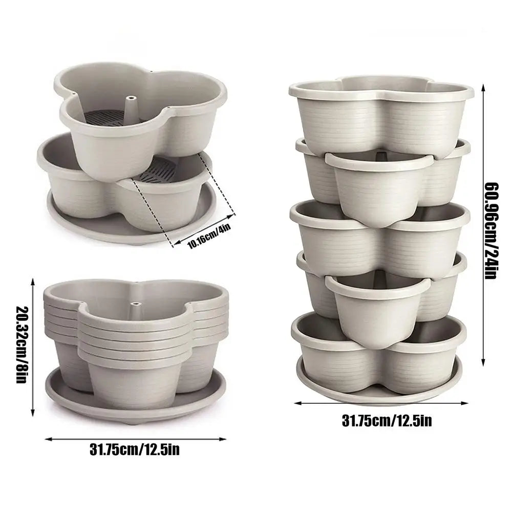 White stackable vertical planter tower, five butterfly pots shown with size dimensions