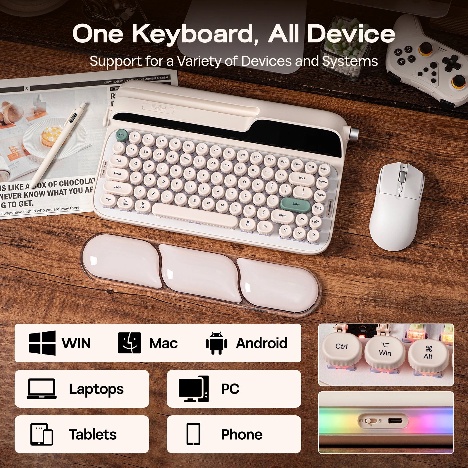 EPOMAKER Glyph 75% ANSI US Layout Wired/2.4Ghz/BT Wireless Typewriter Retro Mechanical Keyboard with TFT Screen & Rotary Knob