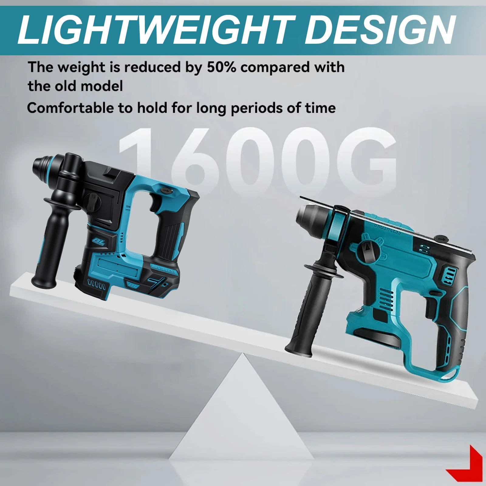 Podofo 1200W 2600RPM Brushless Rotary Hammer Drill 1.8J 360° Rotatable Cordless Electric Impact Hammer For Construction Home Wood Metal Drilling
