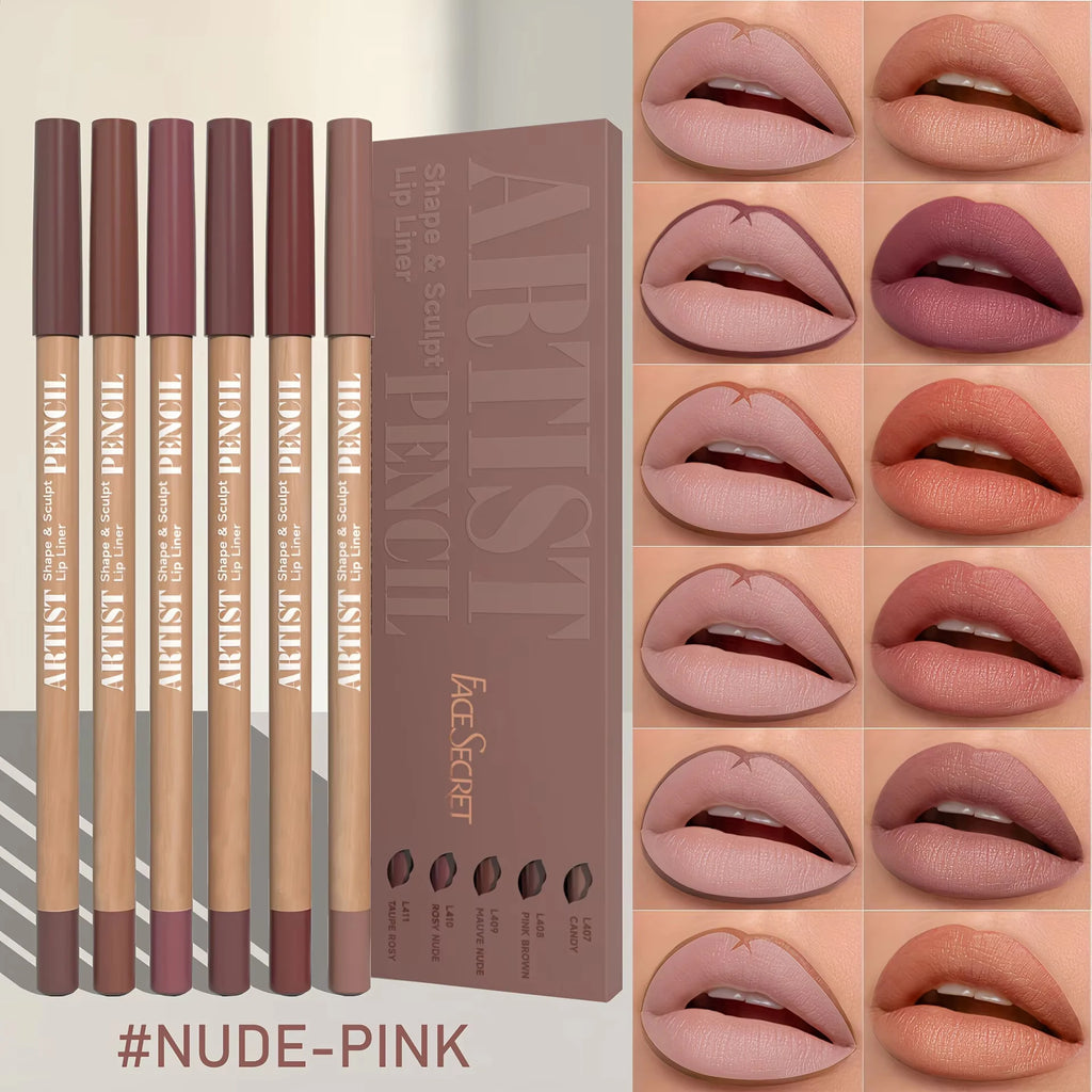 6pcs velvet matte lip liner set in nude and pink shades, featuring long-lasting, non-drying pencils for lip definition.