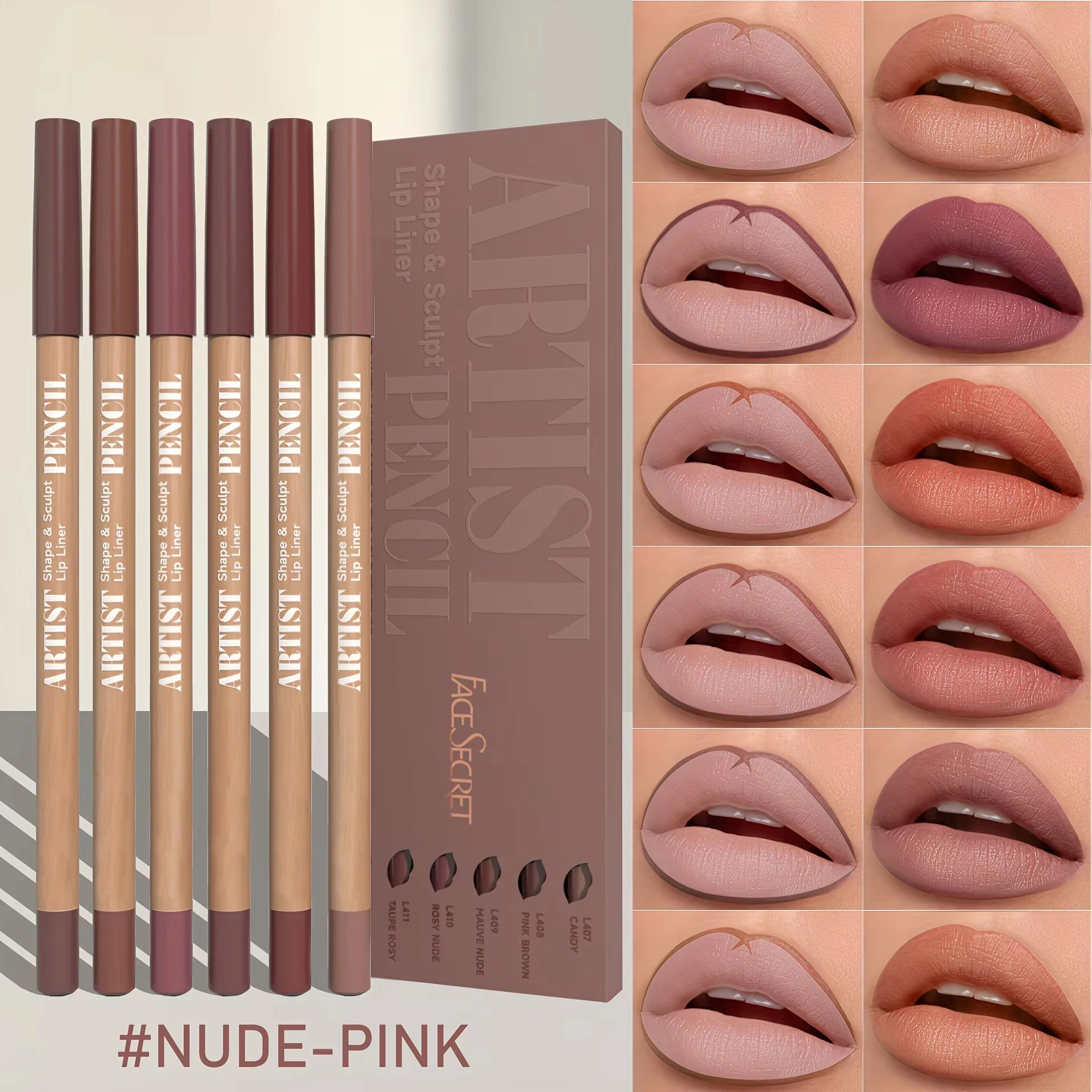 6pcs velvet matte lip liner set in nude and pink shades, featuring long-lasting, non-drying pencils for lip definition.