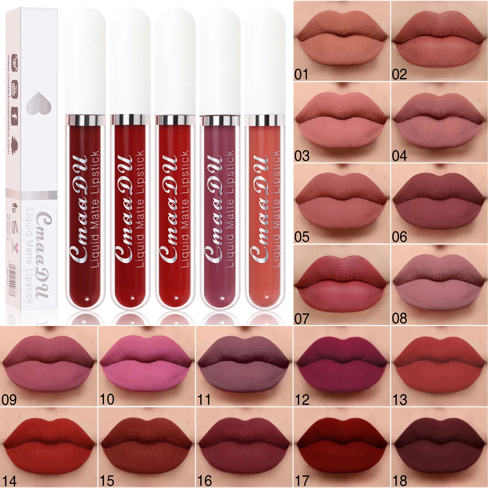 Cmaadu long-lasting matte liquid lipstick set, waterproof non-stick formula in 18 varied pigmented shades.