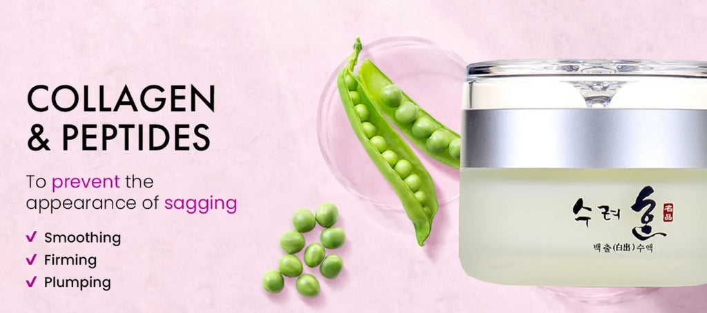 A glass jar of anti-aging cream next to fresh green peas on a light pink background with product benefits listed.