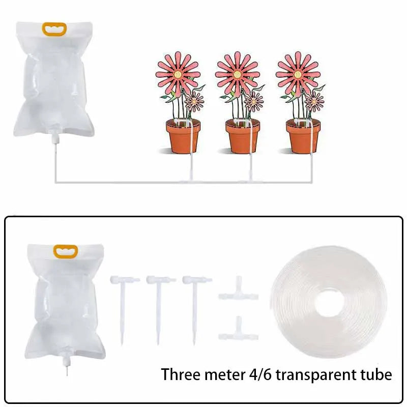 Automatic drip irrigation watering bag diagram with clear tube and multi-pot drip outlets