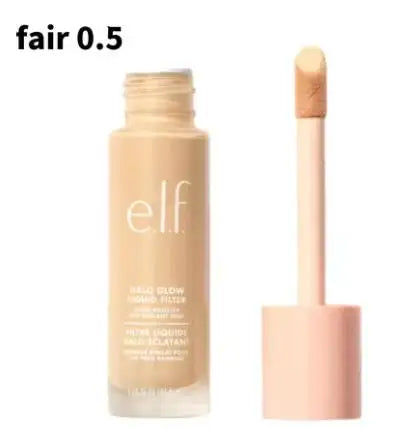 e.l.f. Halo Glow Liquid Filter in Fair 0.5: beige liquid makeup bottle with large doe-foot applicator on white background.