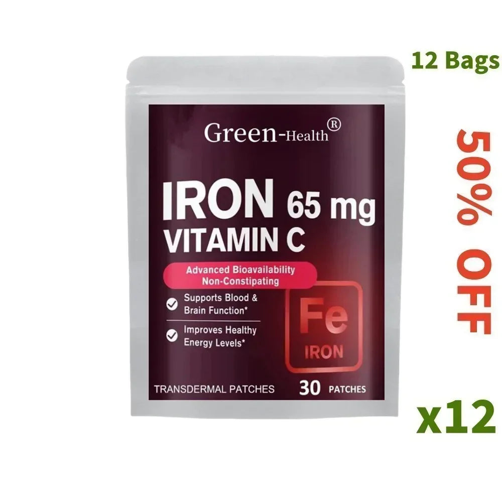 30 Patches Iron Transdermal Patches For Women And Men, With Vitamin C, Blood, Energy, Muscle & Immune System Support