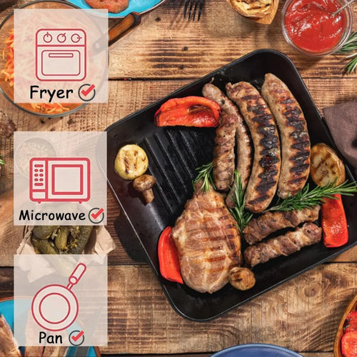 Nonstick air fryer paper liner sheets for baking tray, shown with cooked food