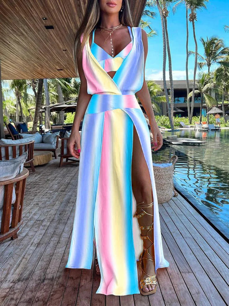 New Sexy Sets Women Summer Beach Style Printed Hollow Out Party Dress Outfit Deep V-Neck Bra Split Dress 2PCS Suits Dropshipping