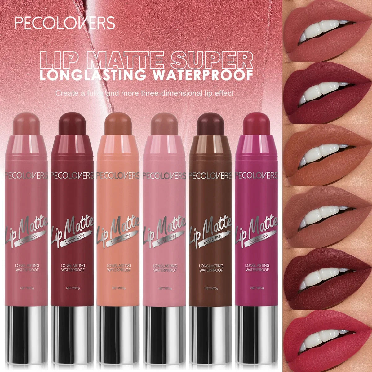 Velvet matte lipstick set in nude apricot and assorted shades. Waterproof, long-lasting, non-stick lip makeup.