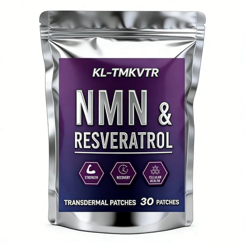 Anti-aging NMN & Resveratrol transdermal patches in a silver Mylar pouch, 30-patch supply for cellular health.