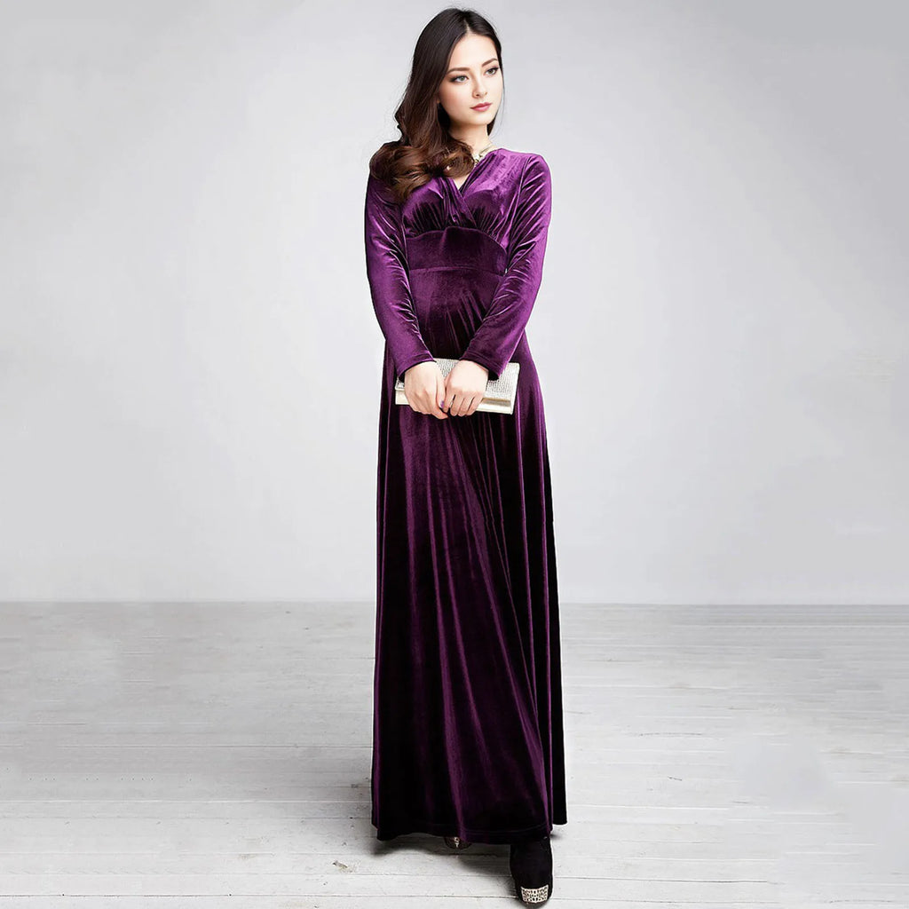 Vintage Women Autumn Long Sleeve V Neck Pleated Velvet Banquet Party Maxi Dress Party Wedding Elegant Evening dress 