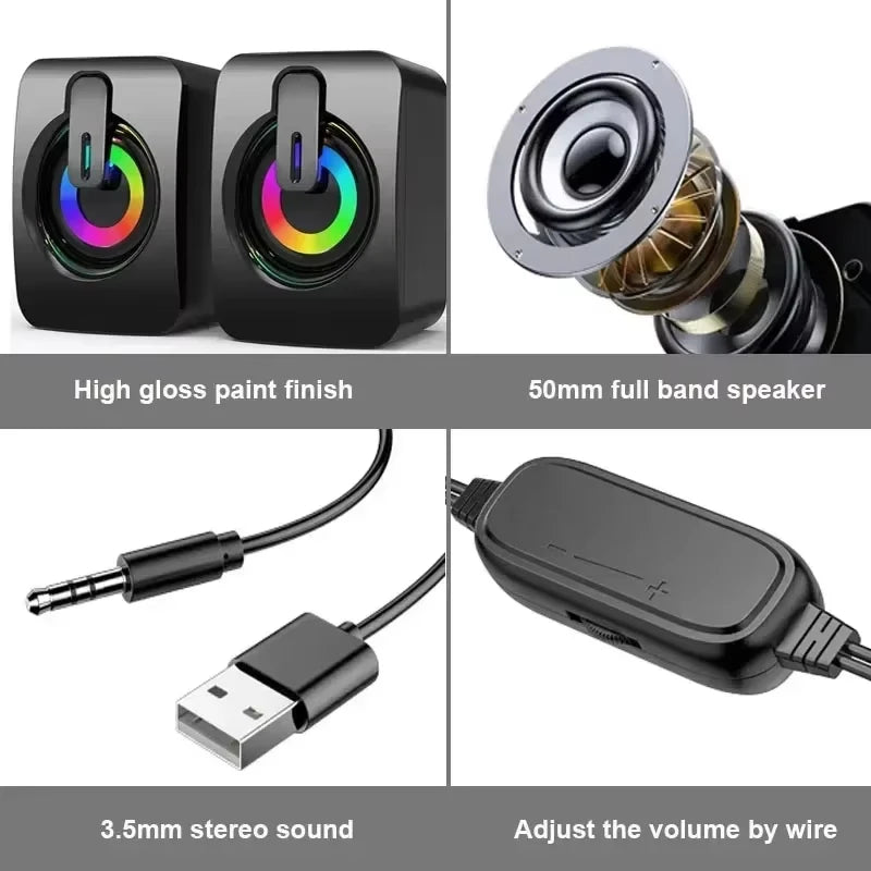 Portable Wired USB Speaker with LED Stereo Microphone HiFi Subwoofer High Sound Quality Surround Suitable for Computers