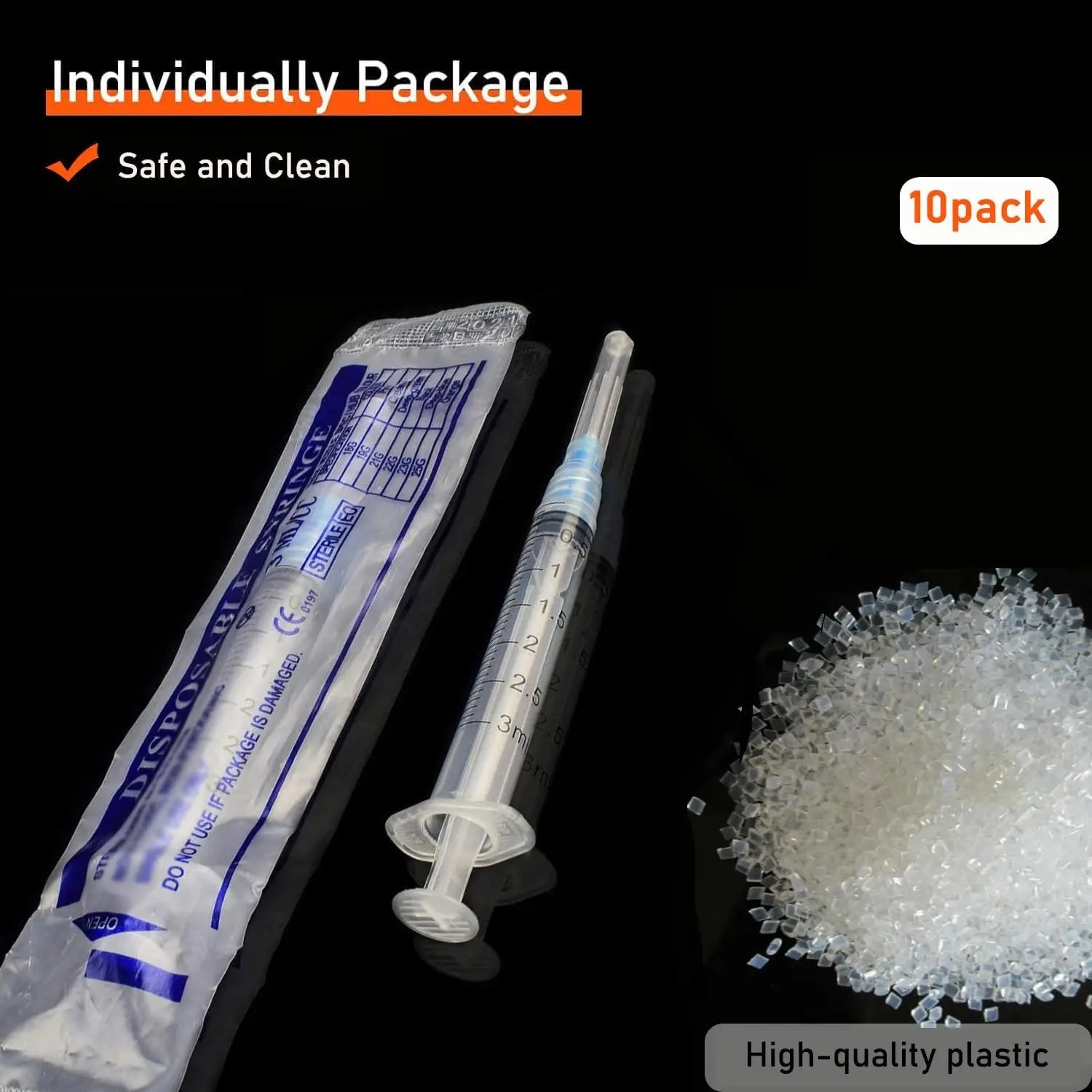 10-pack of 3ml Luer Lock disposable syringes with 23Ga needles for sterile, safe pet and farm animal medical dosing.