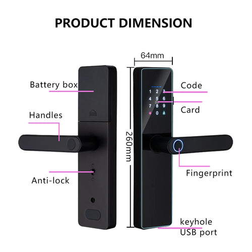 Black digital smart door lock with lever handle, keypad, fingerprint sensor, code card and USB port