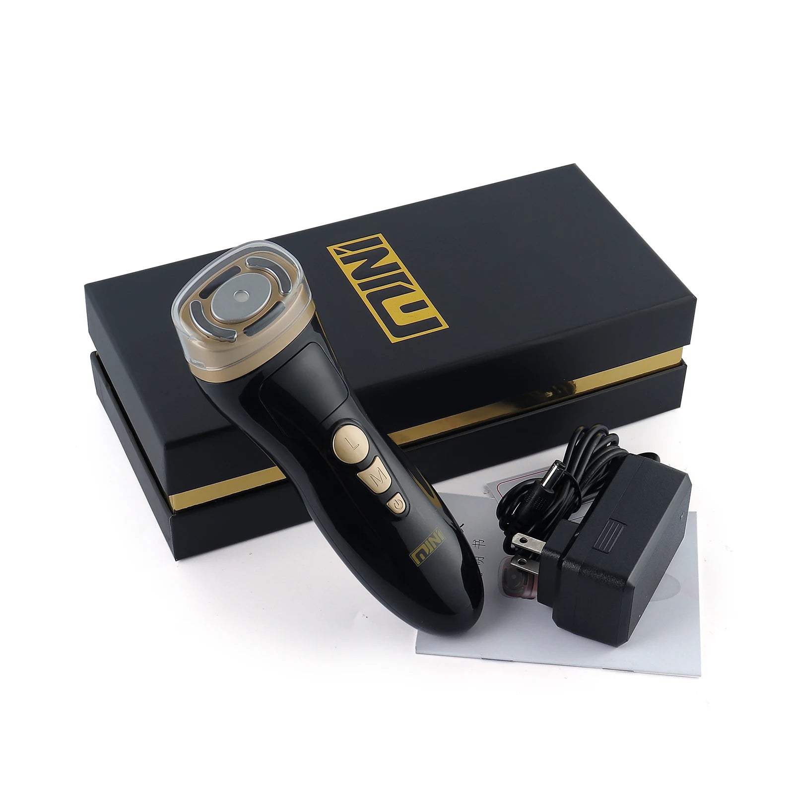 Black and gold handheld HIFU facial tightening device with charger, instruction manual, and branded gift box.