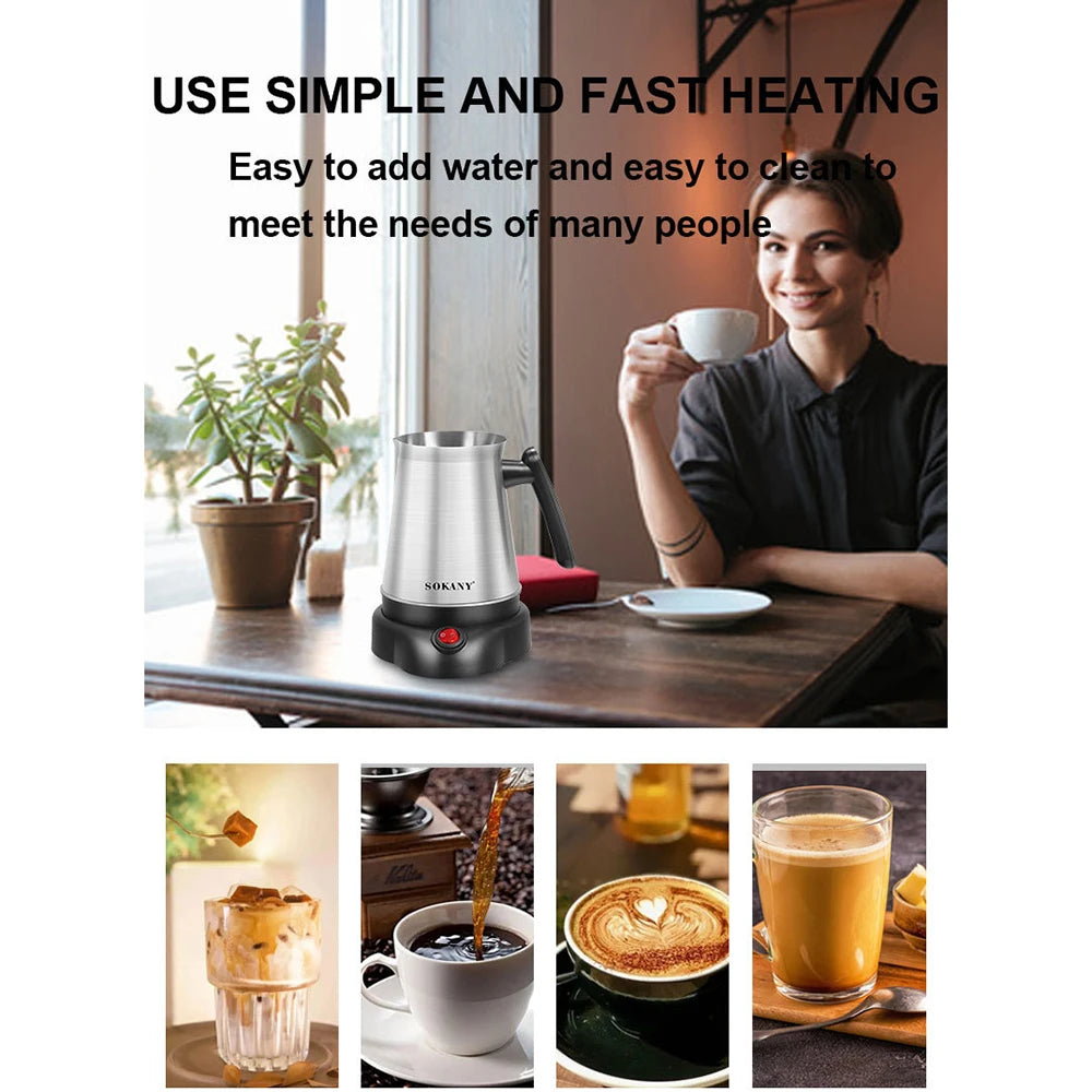 Sokany stainless steel electric milk frother and heater with black base on a table, used for coffee drinks.
