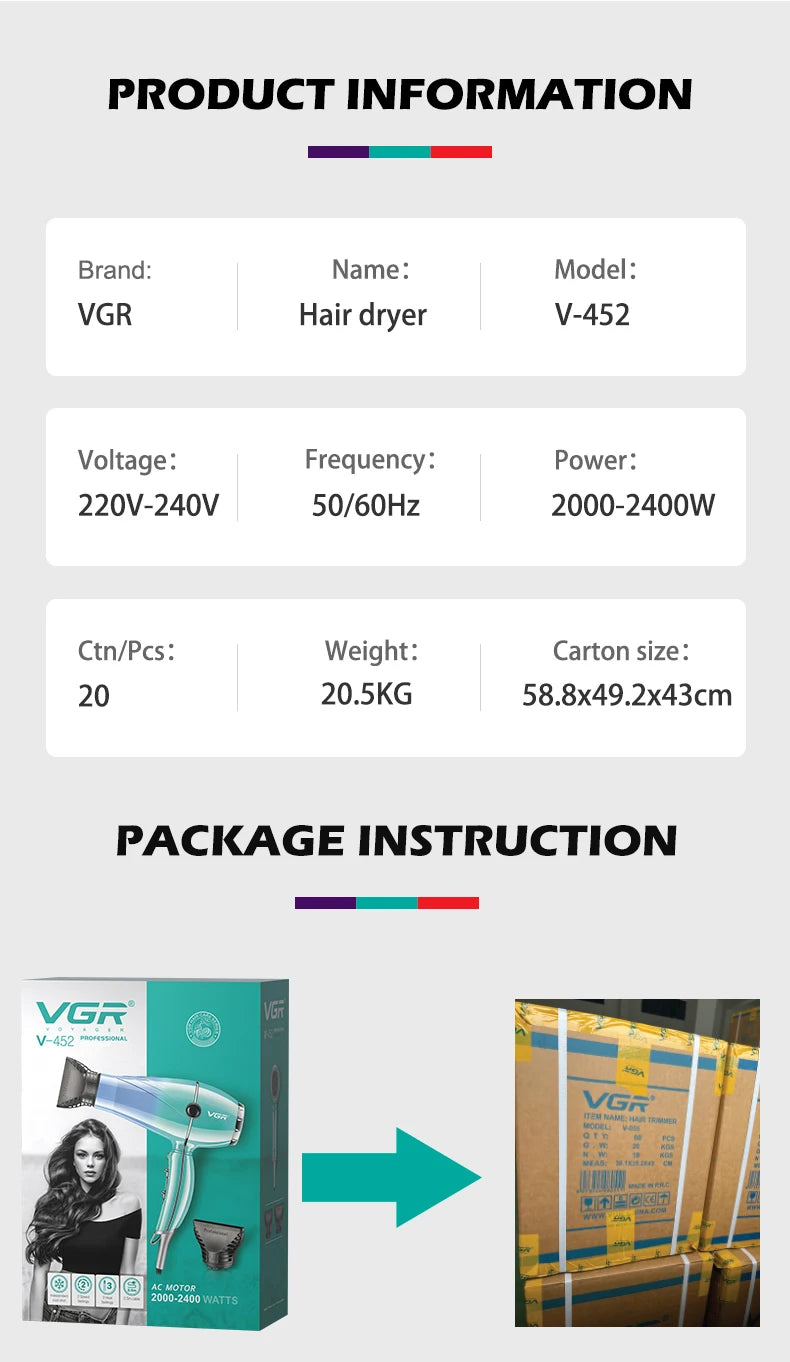VGR V-452 professional negative ion hair dryer, 2400W blue styling tool with nozzle attachments for salon-quality hair.