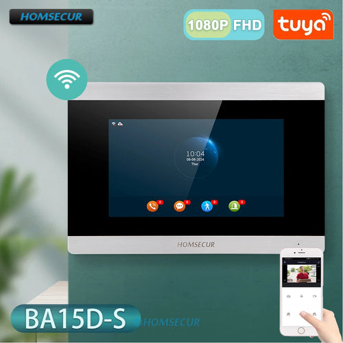 7-inch silver Homsecur Wi-Fi touch screen monitor for door intercom, showing main menu icons and mobile app control.