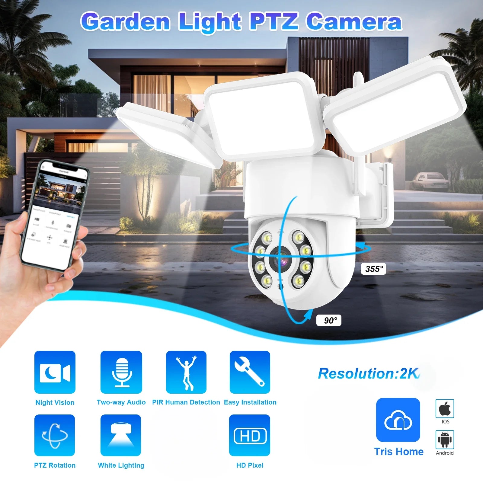 4MP Floodlight Camera Wifi PTZ Outdoor AI Humanoid Tracking Night Vision Cameras CCTV Smart Home Security Protection  Icsee App