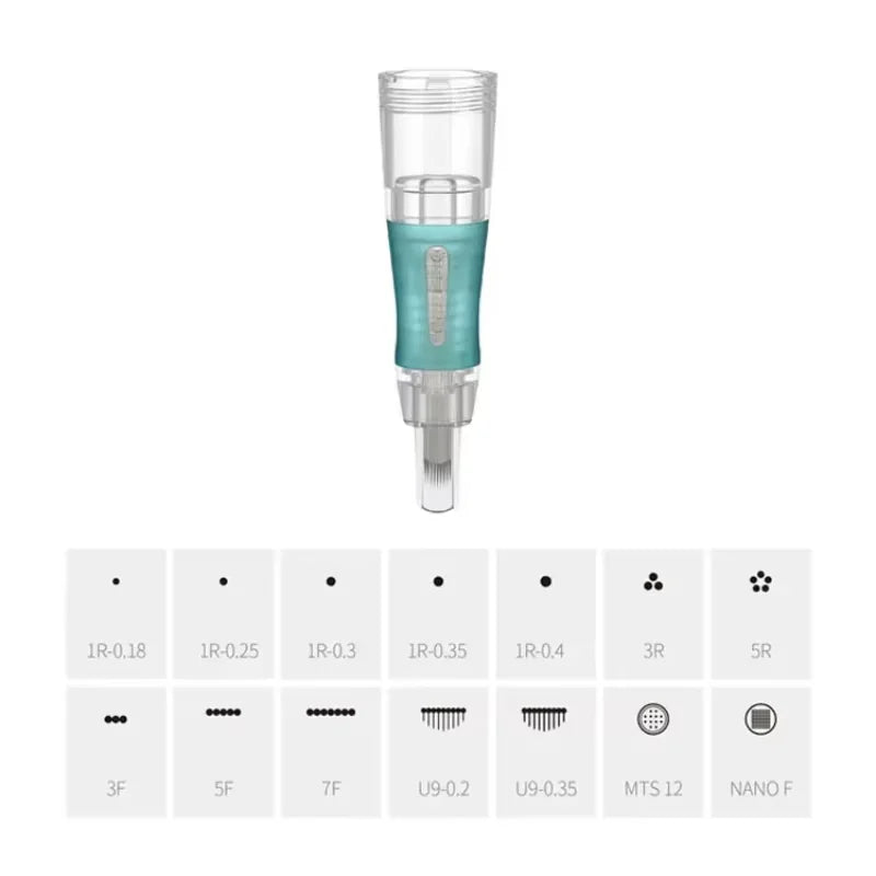 Clear plastic permanent makeup needle cartridge with teal grip, displayed with a grid of various needle configuration