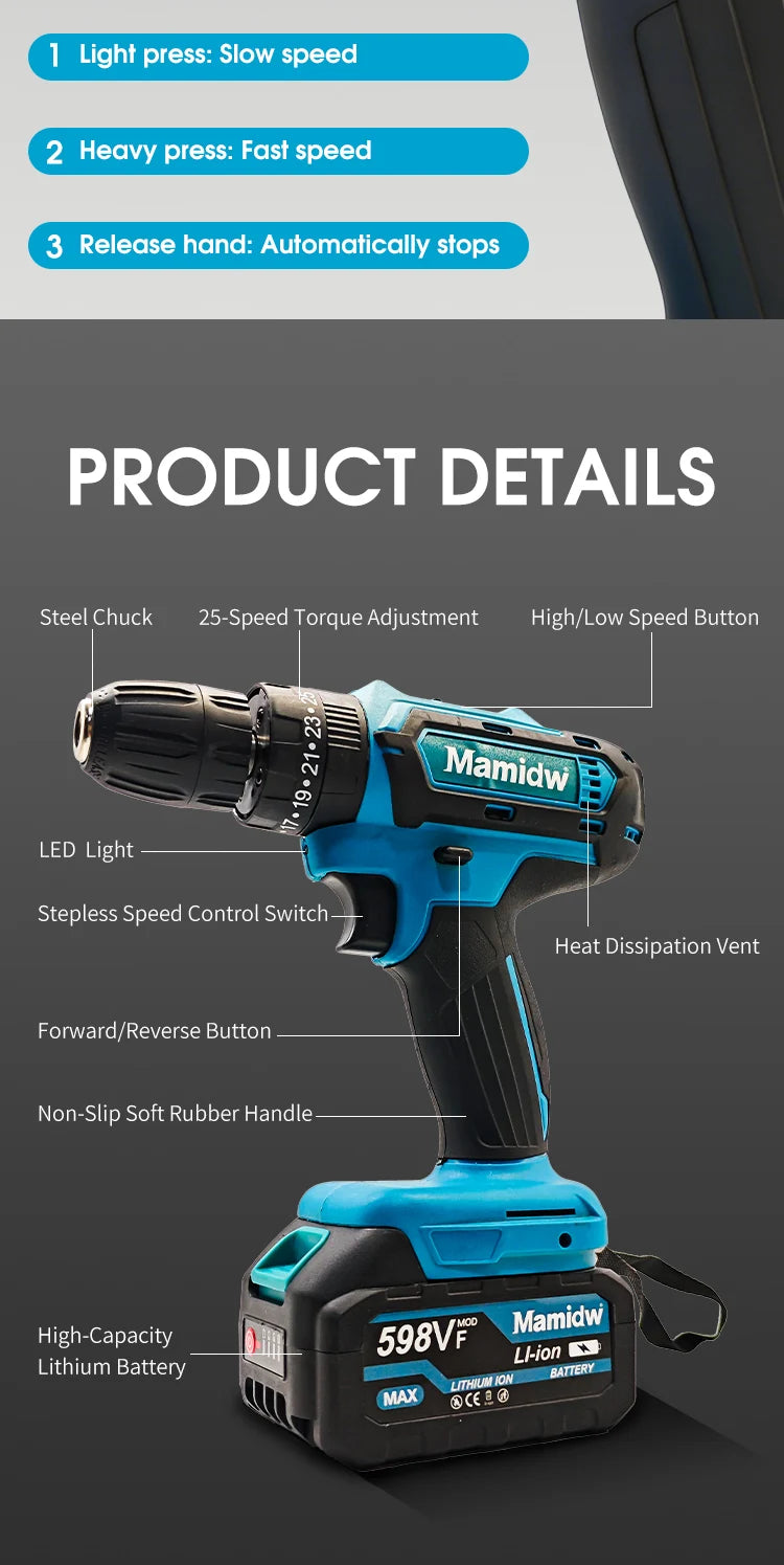 Mamidw 3/8'' 10mm Chuck Cordless Power Drill 25N.M 1150RPM Electric Screwdriver Drill for Daily Home Improvement Woodworking Tasks, For Makita 18V Battery PIN