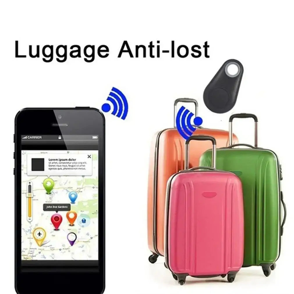 Black wireless Bluetooth GPS anti-lost tag for tracking luggage and pets via smartphone app.