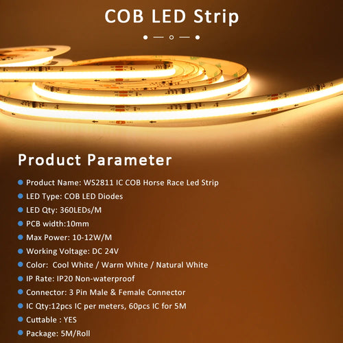 COB LED strip roll on white base, with a continuous LED channel along the strip