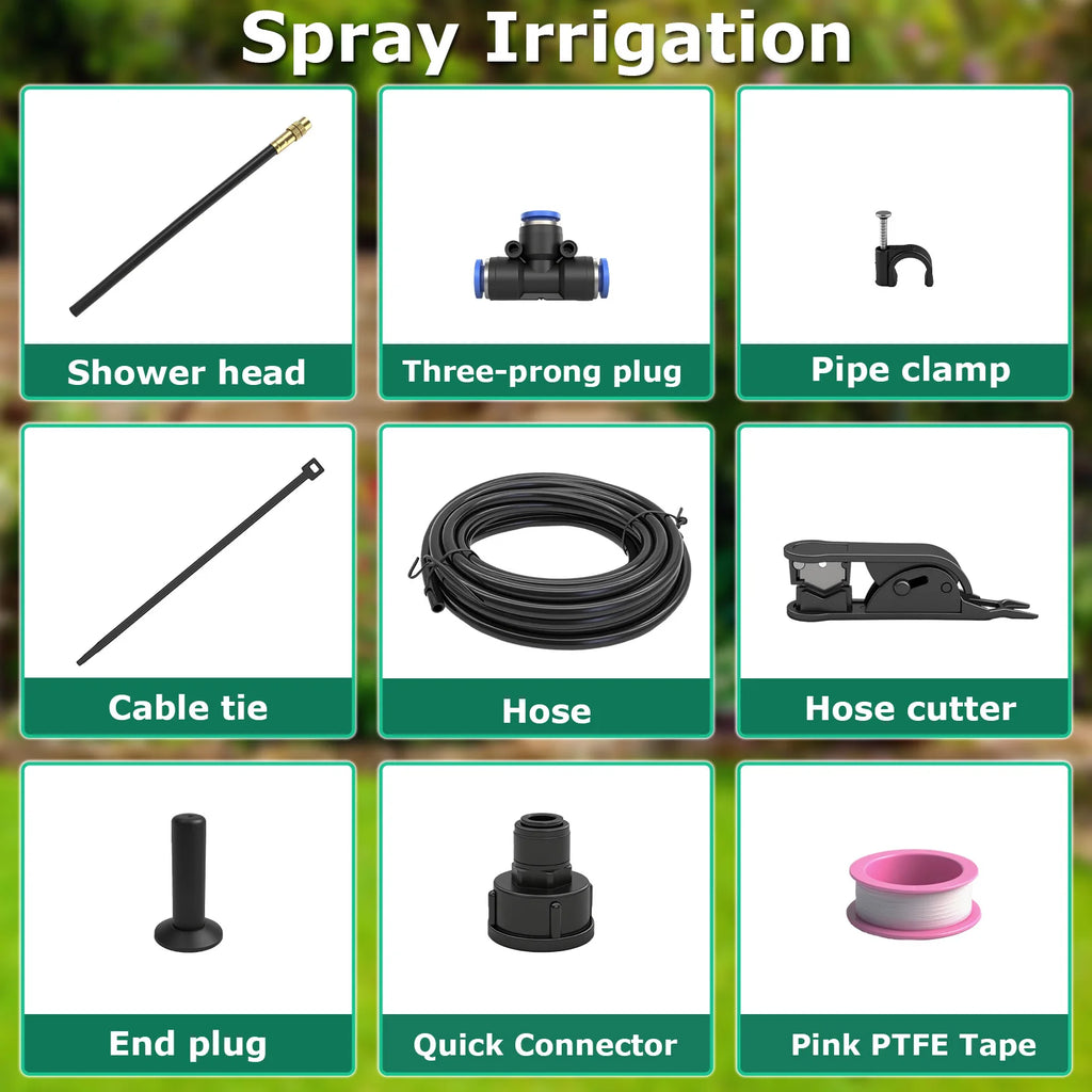 20M DIY Drip Irrigation System Kit, 360° Adjustable Copper Spray Nozzles Garden Watering Set with Pipe Cutter, Clips, Cable Ties, Adapters for Vegetable Garden, Potted Plants, Greenhouse