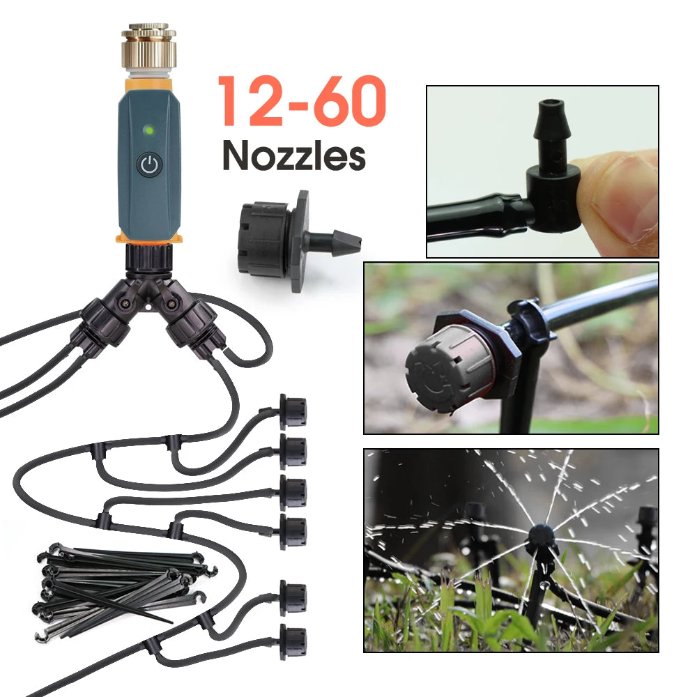 Zigbee drip irrigation timer with T-split manifold and assorted black nozzle fittings