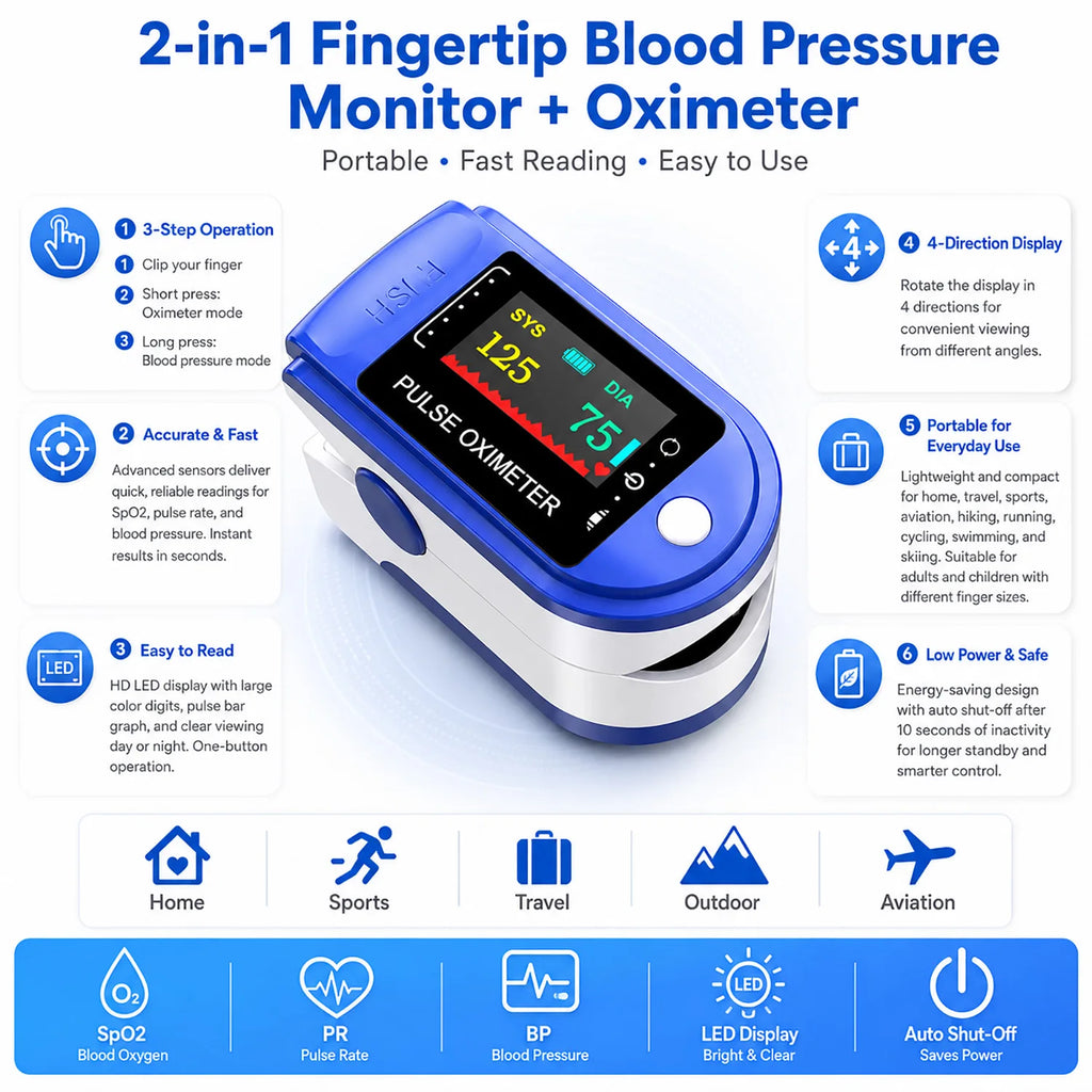2 in 1 Digital Fingertip Pulse Oximeter & Blood Pressure Monitor Household OLED Screen Blood Oxygen Pressure Meter For Home Use
