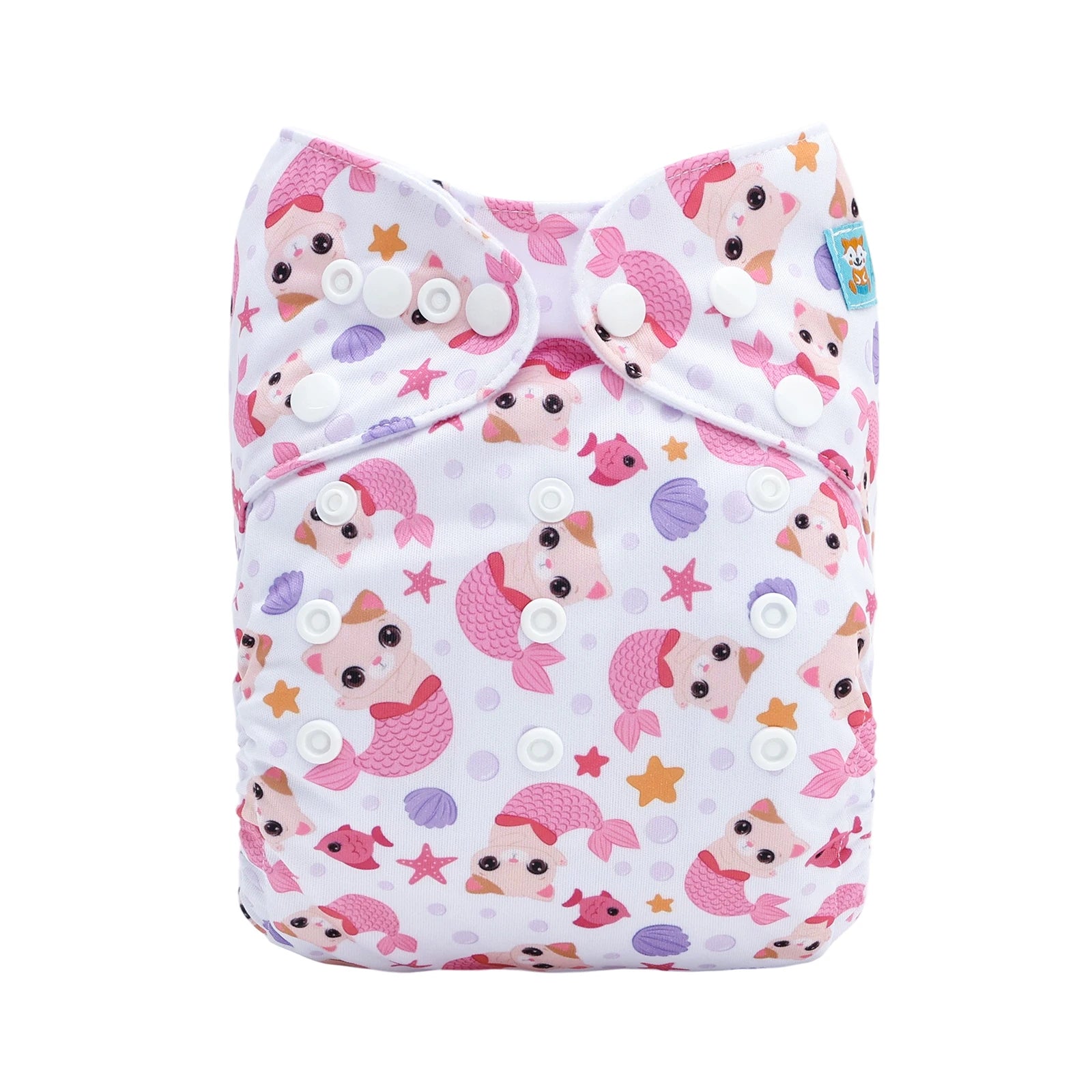 Reusable baby cloth diaper with mermaid cat print, adjustable snap buttons, white background, baby care essential.