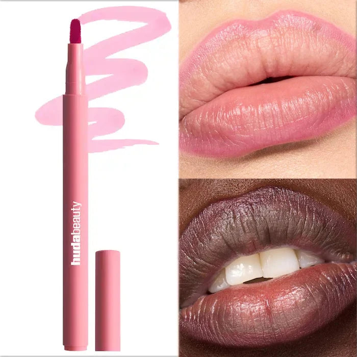 Pink hydrating lip and cheek tint stick with soft matte texture, shown with lip swatches on different skin tones.