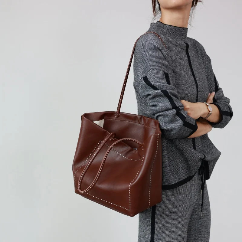 Women Large Capacity Genuine Leather Tote Soft Shoulder Bag