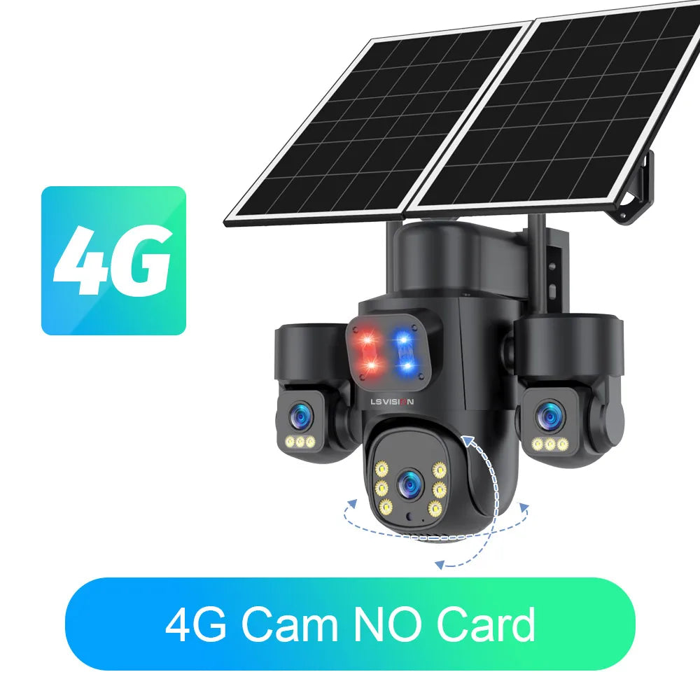 Outdoor solar security camera with black housing, three-lens head, and angled dual solar panel
