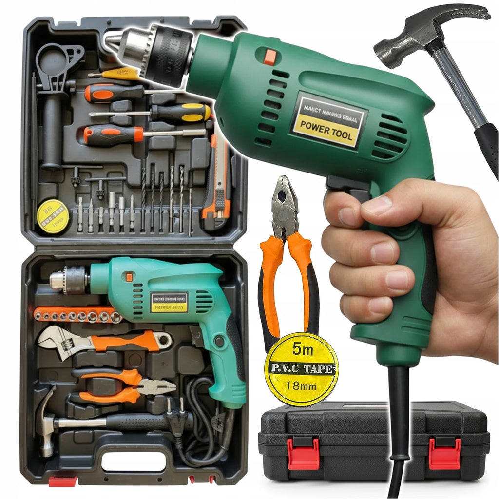 Corded Impact Drill 550W with 37 Piece Accessory Kit in Carrying Case, Heavy Duty Electric Hammer Drill Set with Drill Bits Screwdriver Bits for Wood Metal Brick Concrete, Home DIY Renovation Repair Power Tool