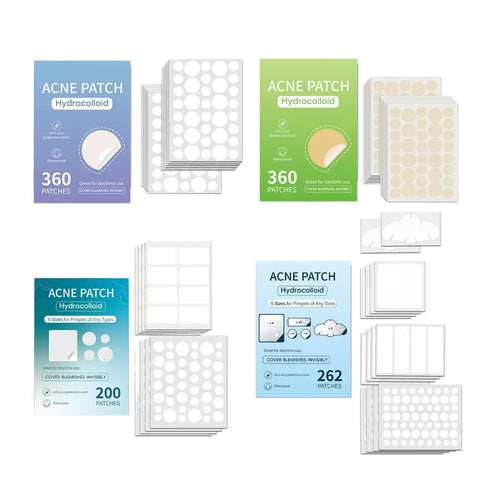 Hydrocolloid acne patch box set with assorted patch sheets, multiple sizes and counts.