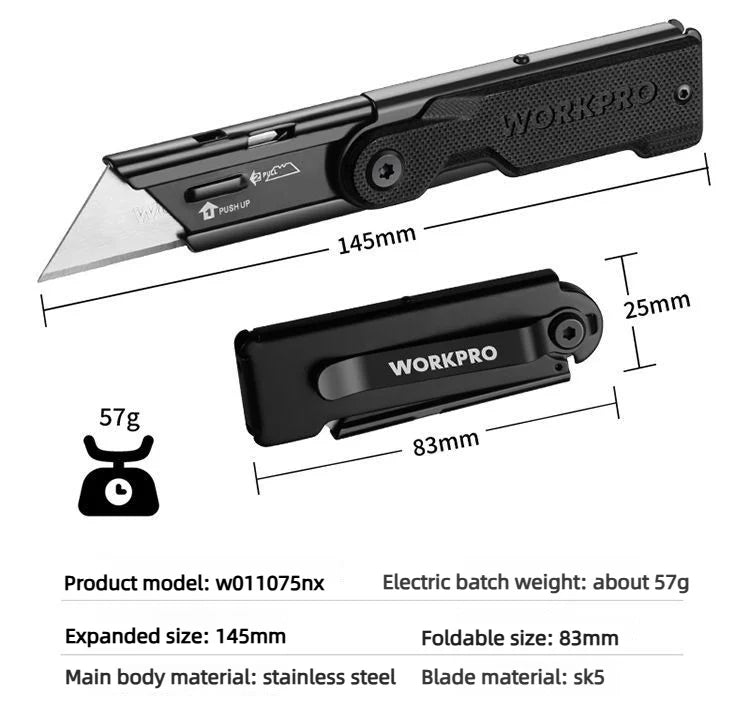Workpro Folding Utility Knife Stainless Steel Quick Realse Pocket Knife with Belt Clip Sharp 10 blades Purpose DIY Cutting Tools