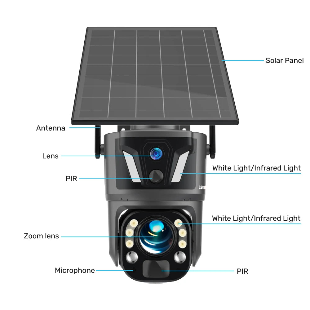 LS VISION 4K 99X Zoom 4G/WIFI Solar Camera Dual Screen PTZ Battery Outdoor Wifi Camera Ai Human Auto Zoom Tracking CCTV Security