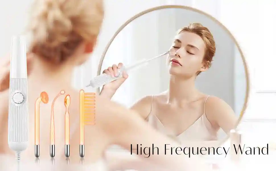 White high-frequency facial wand with four glass electrode attachments, shown in use by a woman in a mirror.