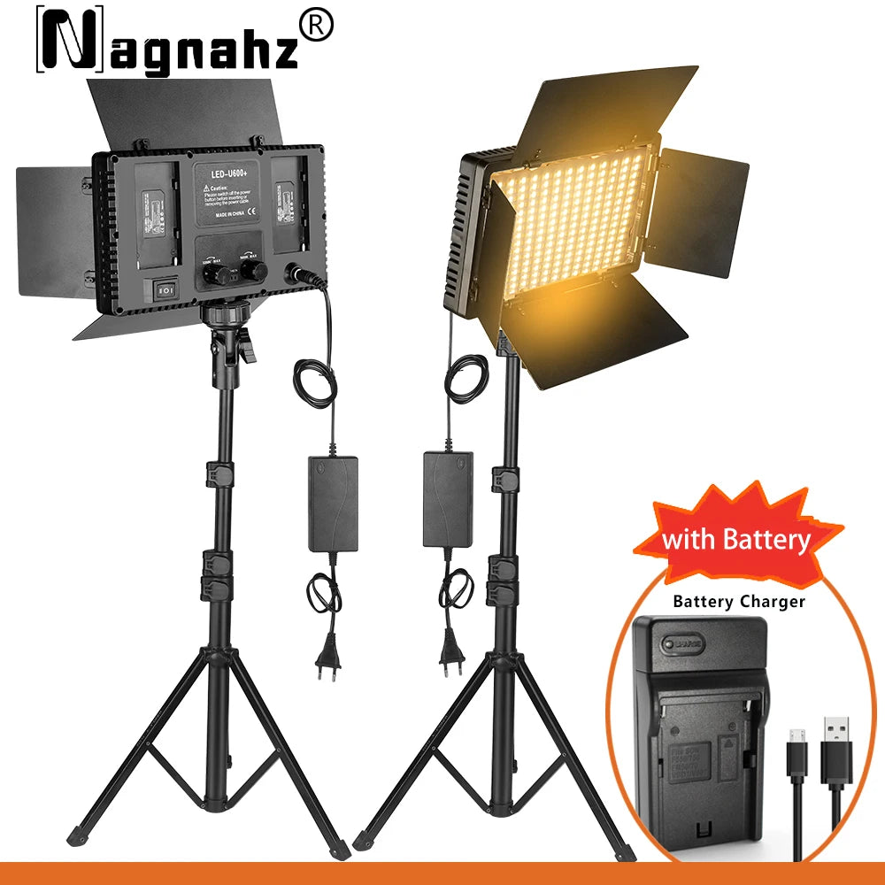 Two LED video light panels with black metal barn doors, adjustable tripod stands, power adapters, and battery charger.