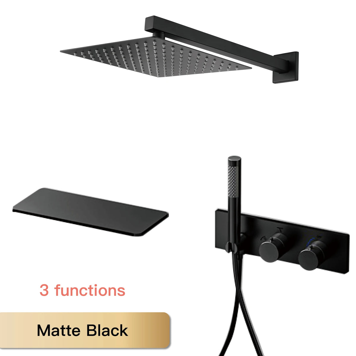 Matte black thermostatic shower system with rainfall ceiling head and 3-function wall mixer