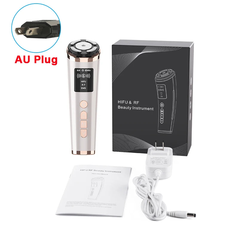 Rose gold HIFU and RF facial massager with AU plug, power adapter, manual, and black product box.