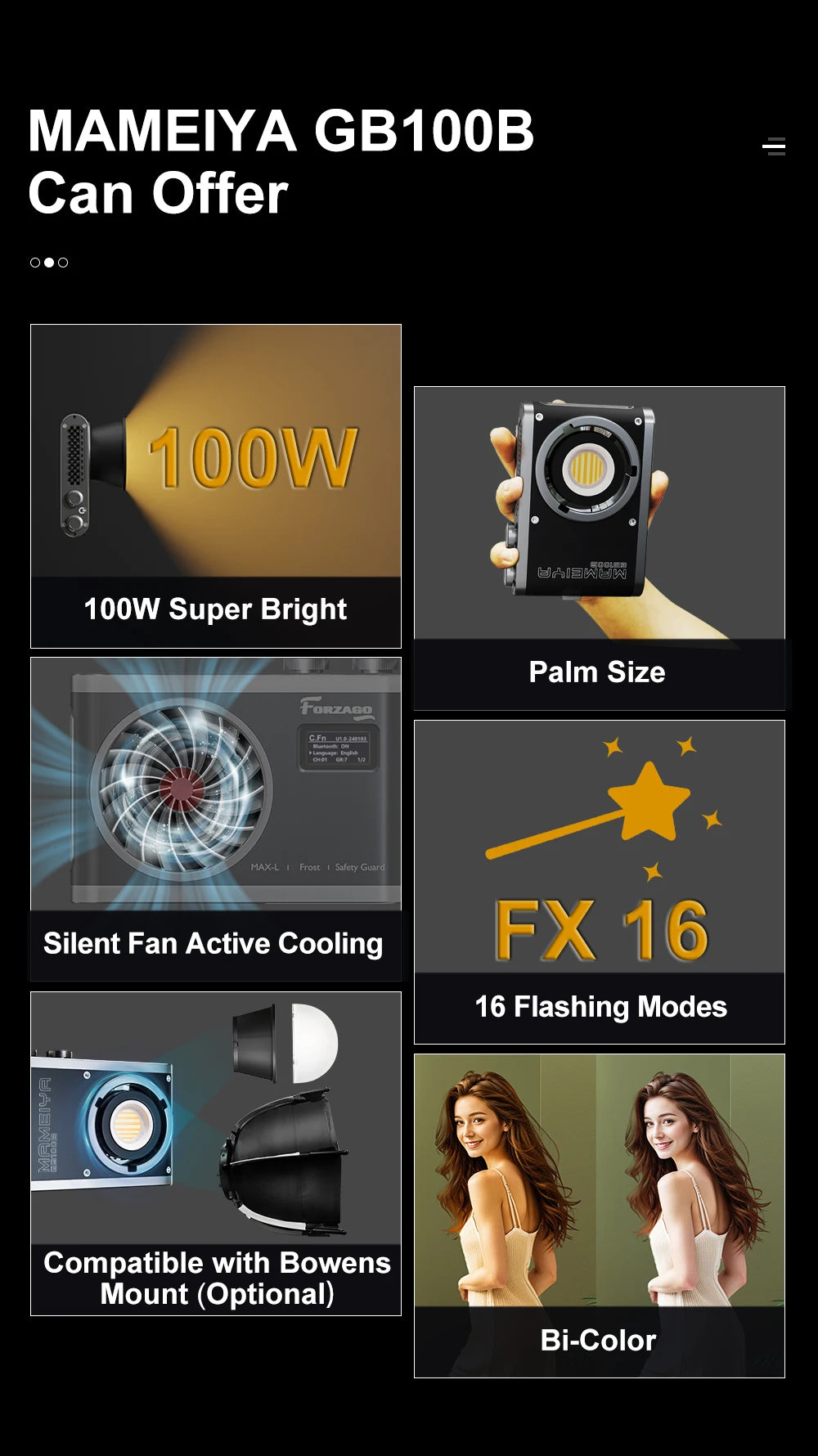 MAMEIYA GB100B palm-sized 100W COB LED video light with silent cooling, 16 light effects, and Bowens mount