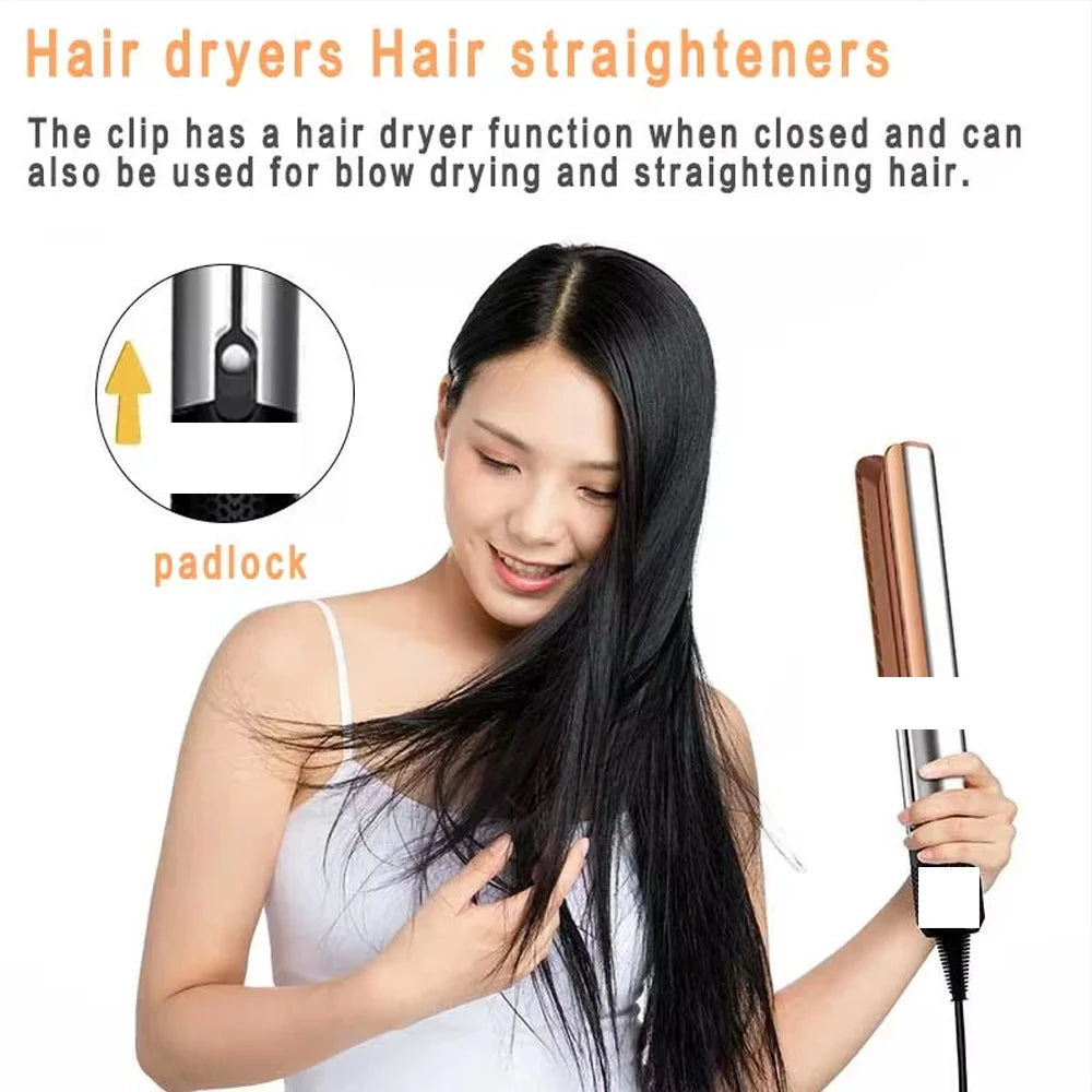 2-in-1 negative ion hair dryer and straightener in silver and rose gold with locking mechanism for easy styling.
