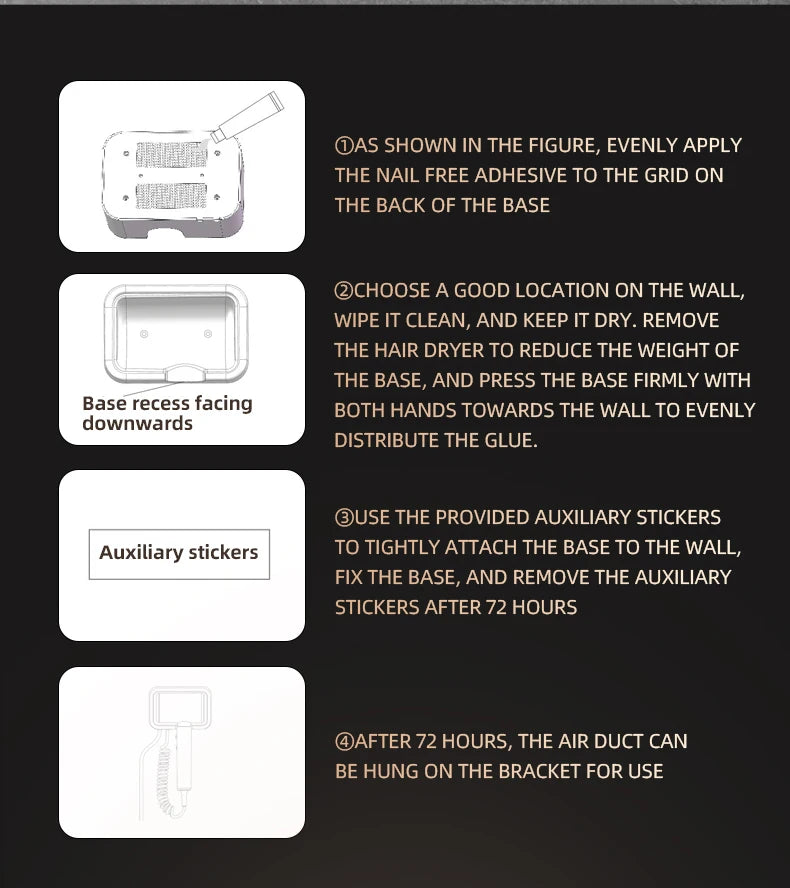 Installation guide for non-perforated wall-mounted hair dryer with adhesive base for bathroom organization.