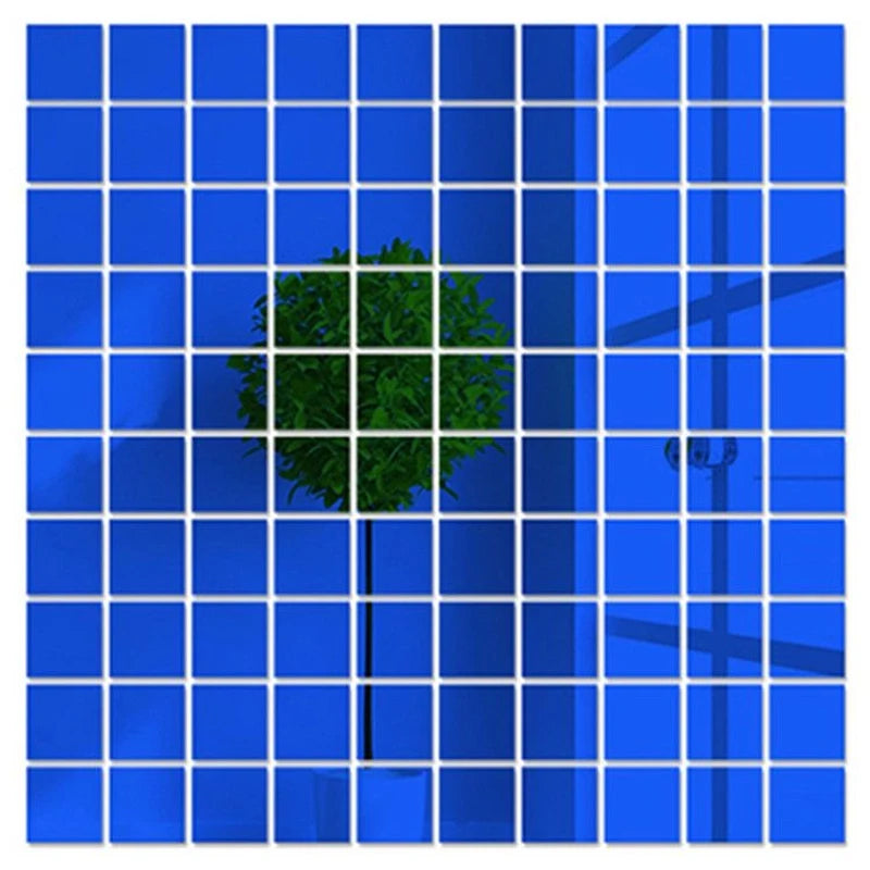 Blue 3D mosaic mirror wall sticker tiles sheet with small square decal grid