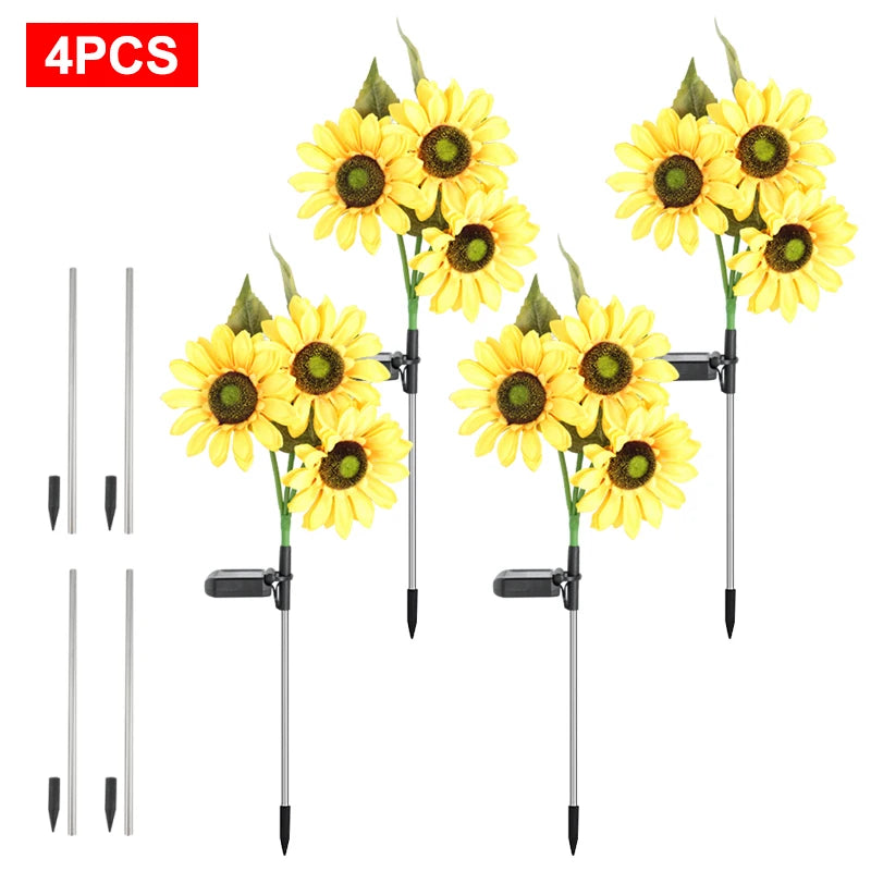 2/4 PCS Solar Powered Sunflower Light 3 Head Outdoor Waterproof LED Ground Insert Lawn Lamp For Garden Lawn Courtyard Decoration