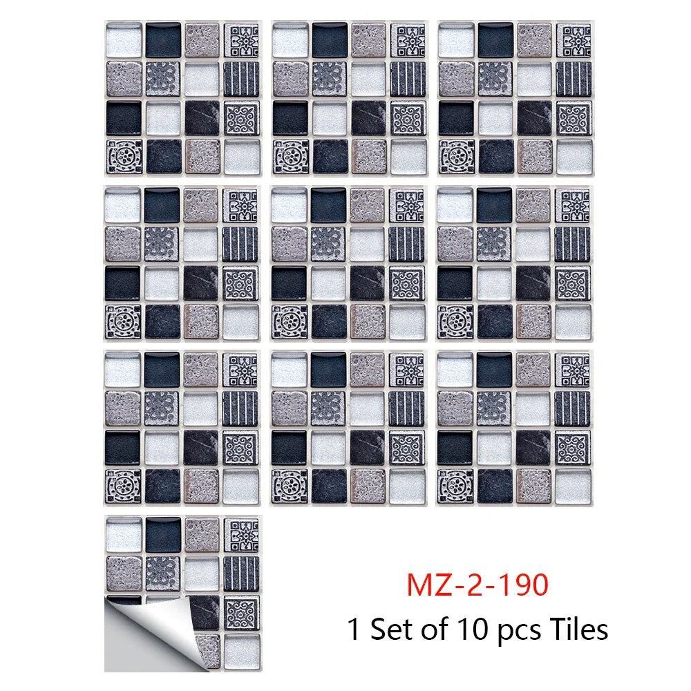 Mosaic tile sticker set with dark blue and gray square tiles, peel-and-stick wall decals